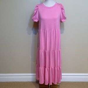 Crown & Ivy Pink Tiered Midi Dress Puff Sleeve Soft Knit Casual Cottagecore
